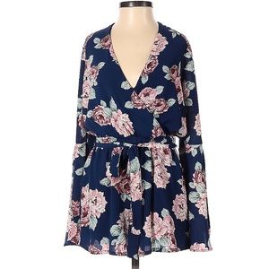 Blue Floral Wrap Front Long Sleeve Romper